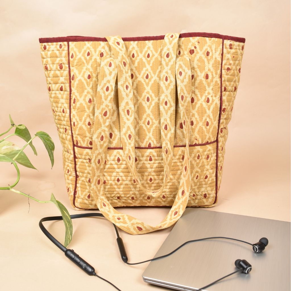 Quilted kalamkari tote bag with cell phone packet ang water bottle pocket